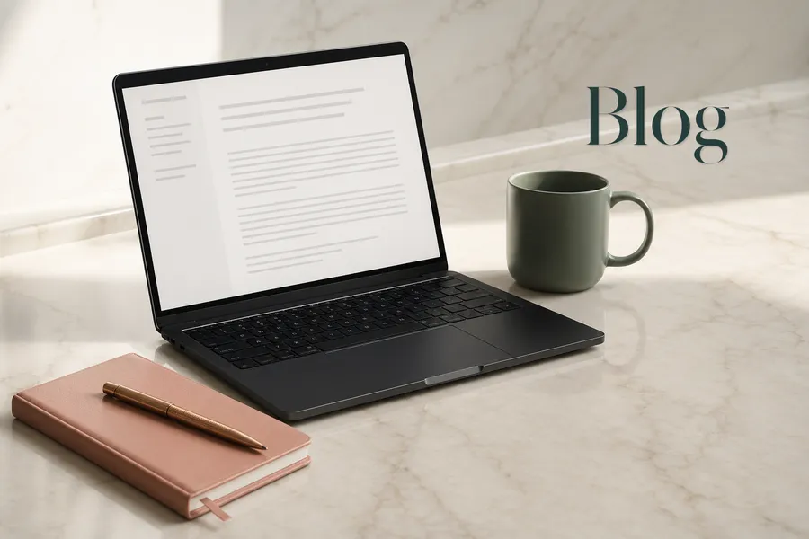 A reading desk on cream marble with a sleek laptop, sage ceramic mug, dusty-rose leather notebook and brass pen