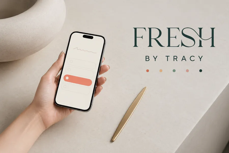A hand holding a phone showing the FRESH Quiz interface, on a cream marble desk with a brushed brass stylus