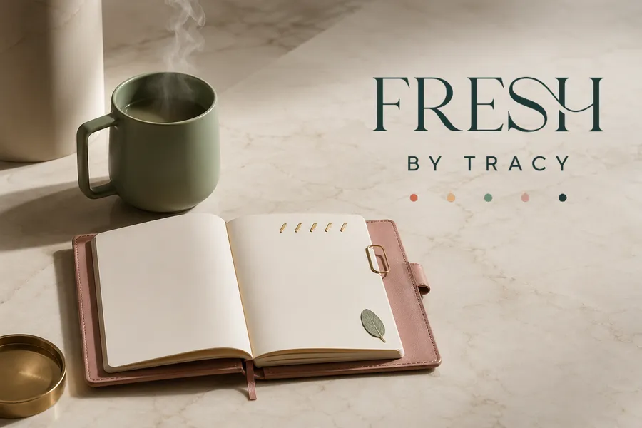 A morning desk scene with a sage ceramic mug, dusty-rose leather journal and brass clip on cream marble