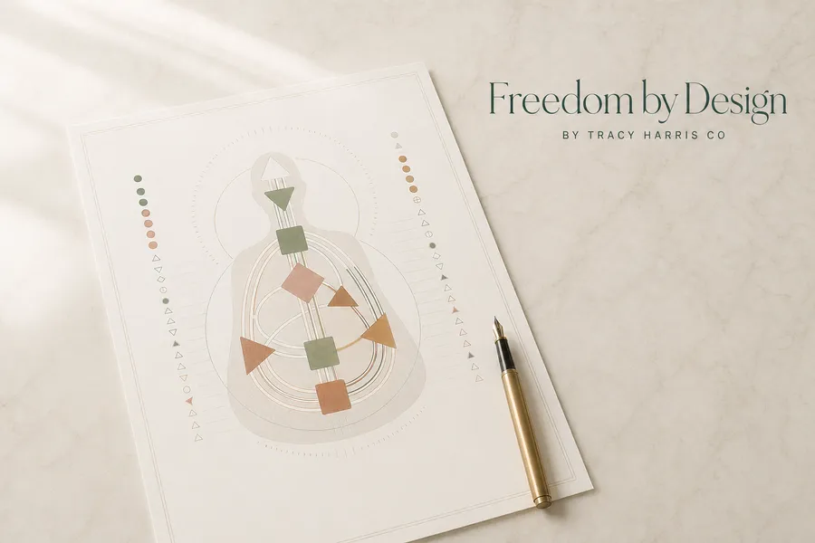A printed Human Design body-graph chart on cream marble with a brass fountain pen and the Freedom by Design wordmark