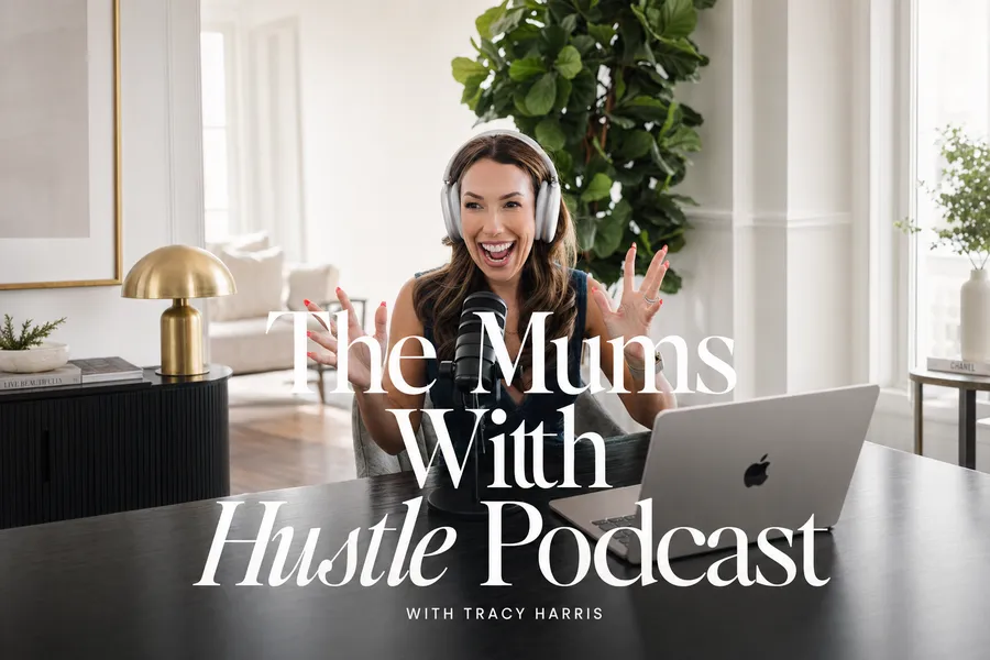Tracy Harris recording The Mums With Hustle Podcast with white headphones and a microphone