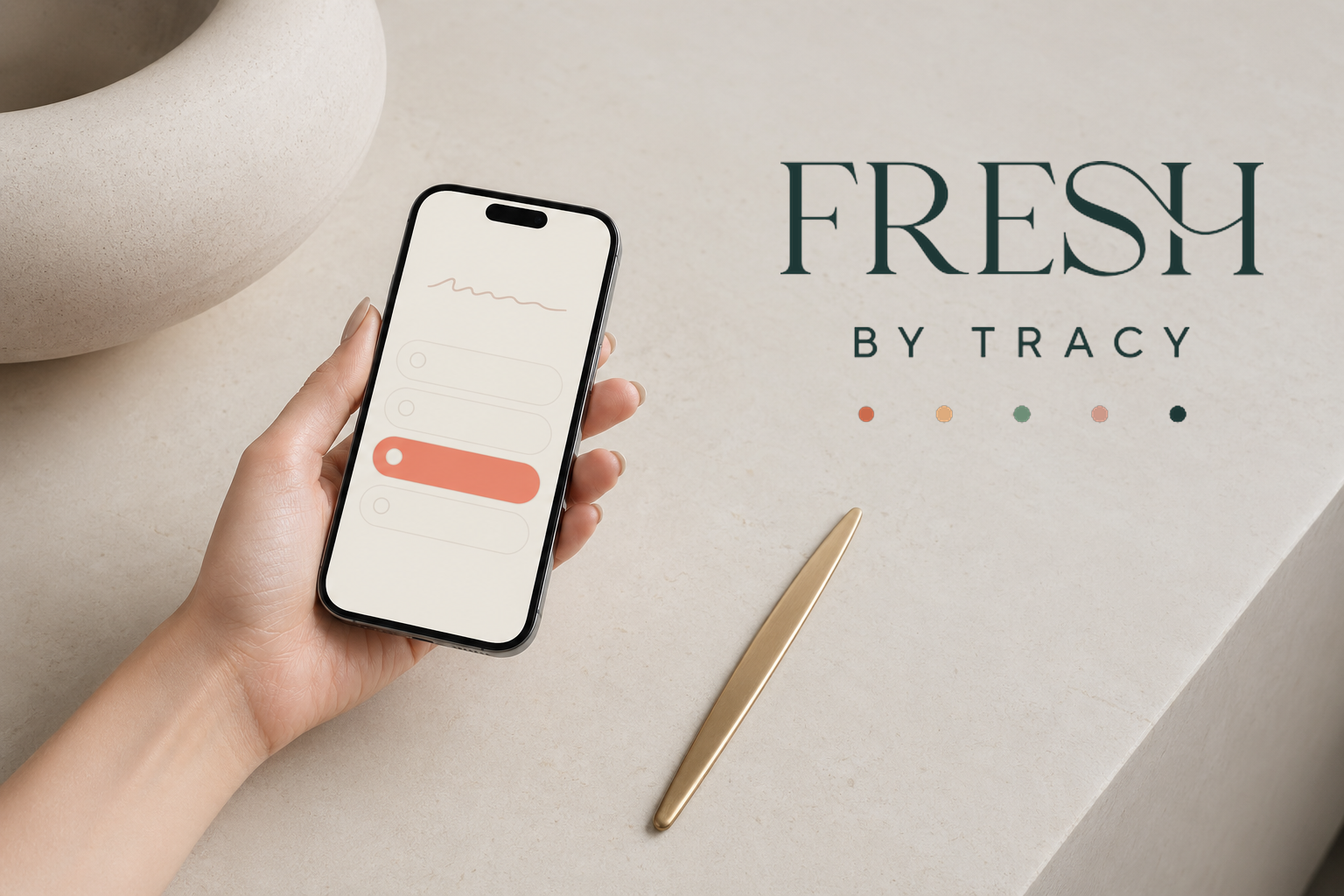 A hand holding a phone showing the FRESH Quiz interface, on a cream marble desk with a brushed brass stylus