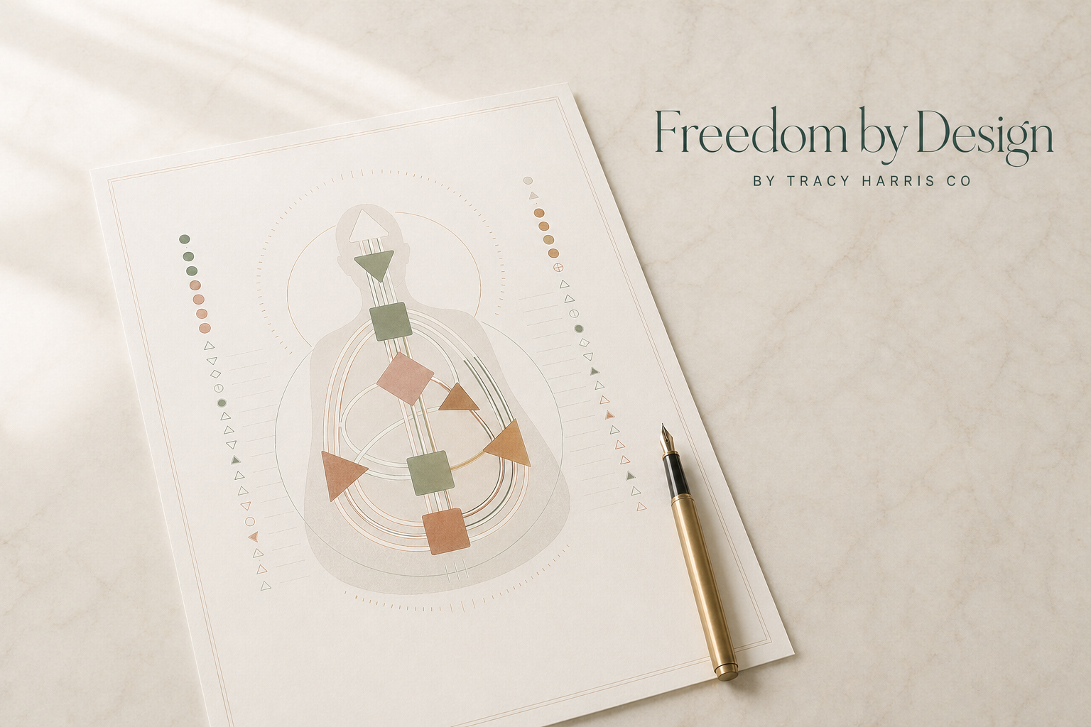 A printed Human Design body-graph chart on cream marble with a brass fountain pen and the Freedom by Design wordmark